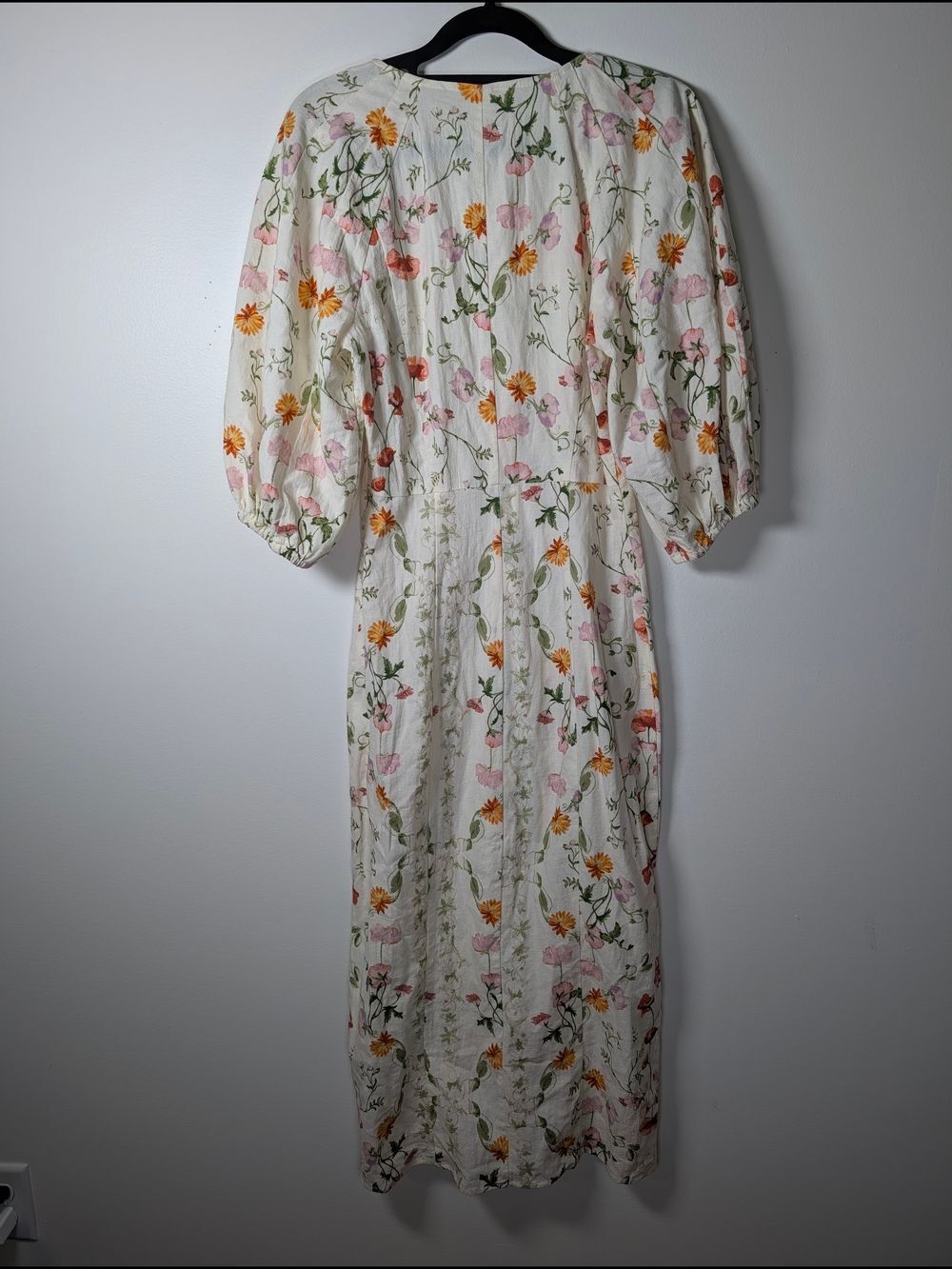 H&M Floral Cotton Midi Dress XS Puff Sleeve Cottagecore Button Front White - Picture 9 of 12